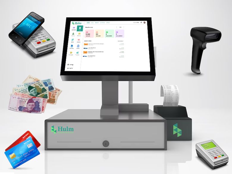 POS terminal with touch screen, receipt printer, cash drawer, barcode scanner and card machine
